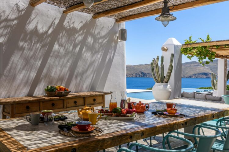 Blue Sky Villa Luxus Ferienhaus Mykonos Mieten Alfresco Essbereich