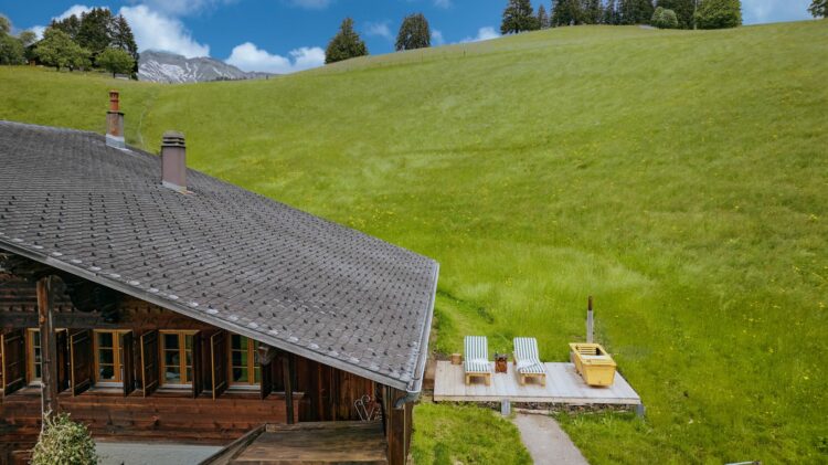 Cozy Club Chalet Luxus Ferienhaus Gstaad Schweiz Terrasse Im Sommer