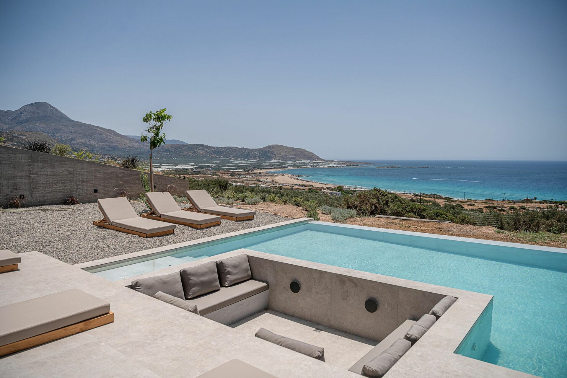 Design Villa Falassarna Beach Ii Luxuriöses Ferienhaus Kreta Mieten Outdoor Lounge Mit Meerblick